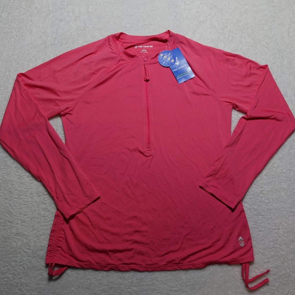 Free Country Rash Guard Women M Coral Long Sleeve 1/4 Zip UPF Swim Shirt